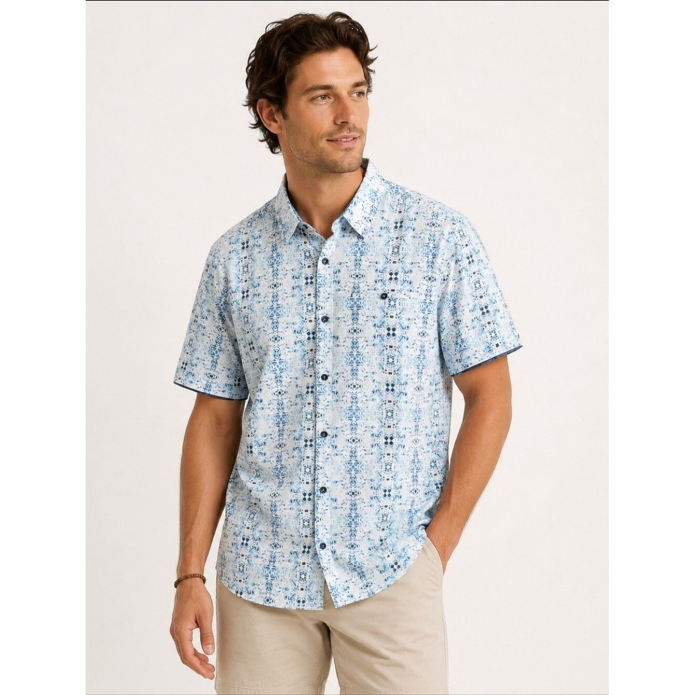 7 Diamonds Wind Talker Men's L Geometric Print Short Sleeve Stretch Shirt